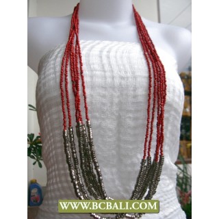 Fancy Long Braided Necklace Red Beaded mixed Metal